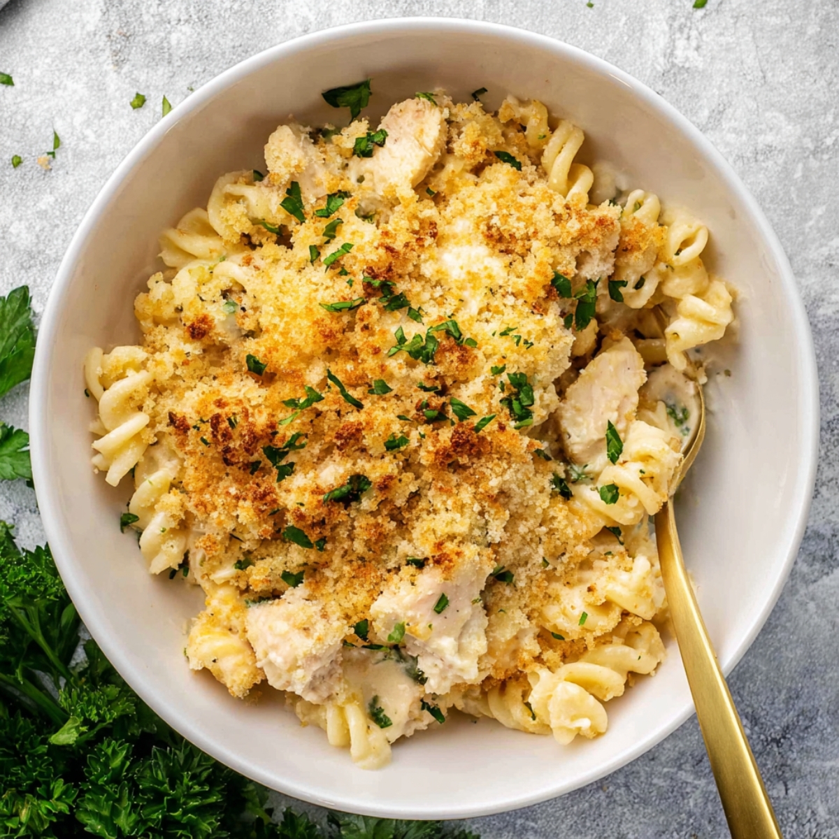 Close-up of a creamy chicken casserole made with rotini pasta, tender chicken chunks, a cheesy sauce, and a crispy golden breadcrumb topping, garnished with fresh parsley in a white bowl.