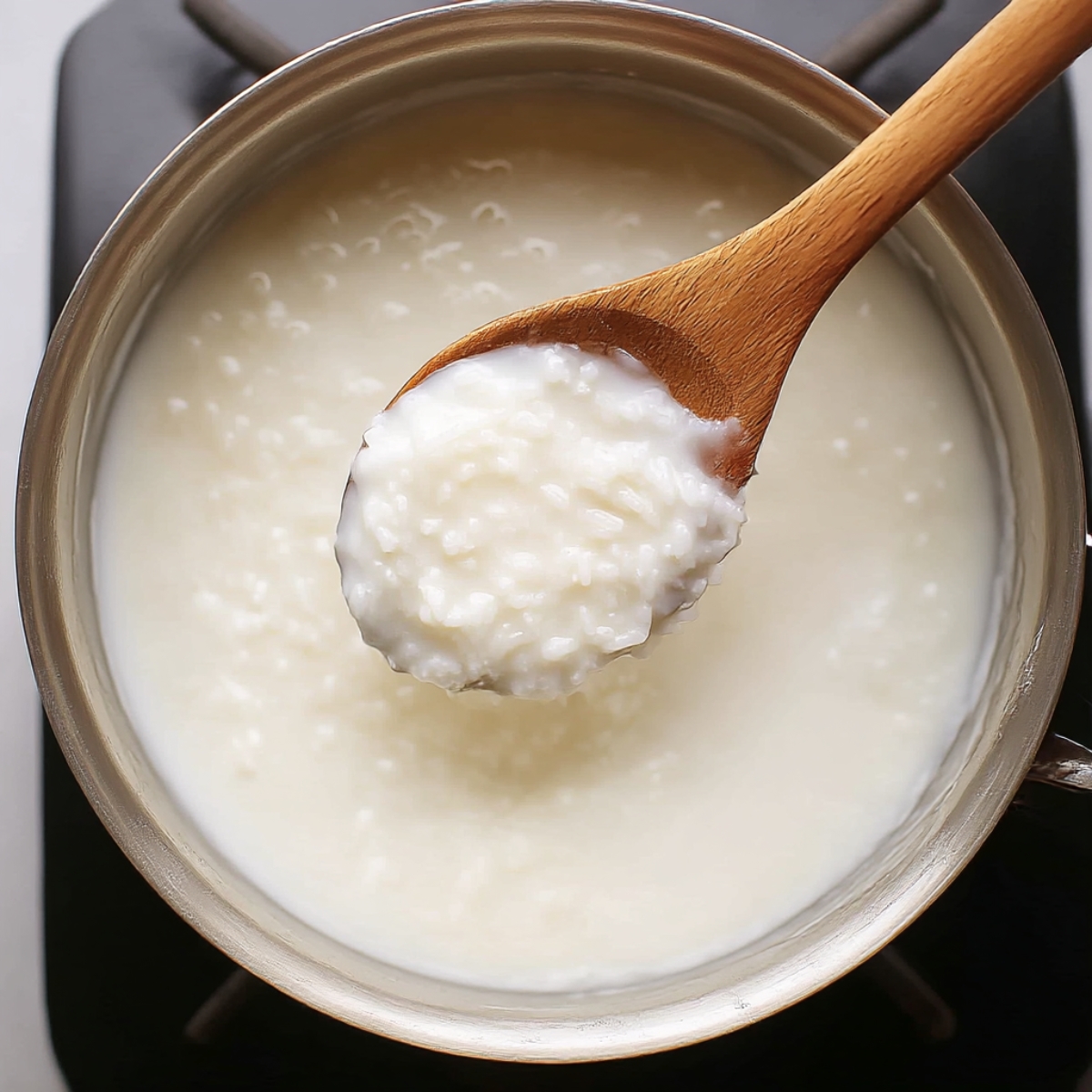 Close-up of a wooden spoon lifting creamy coconut rice from a saucepan, showing smooth and thick coconut rice pudding cooking on the stove.