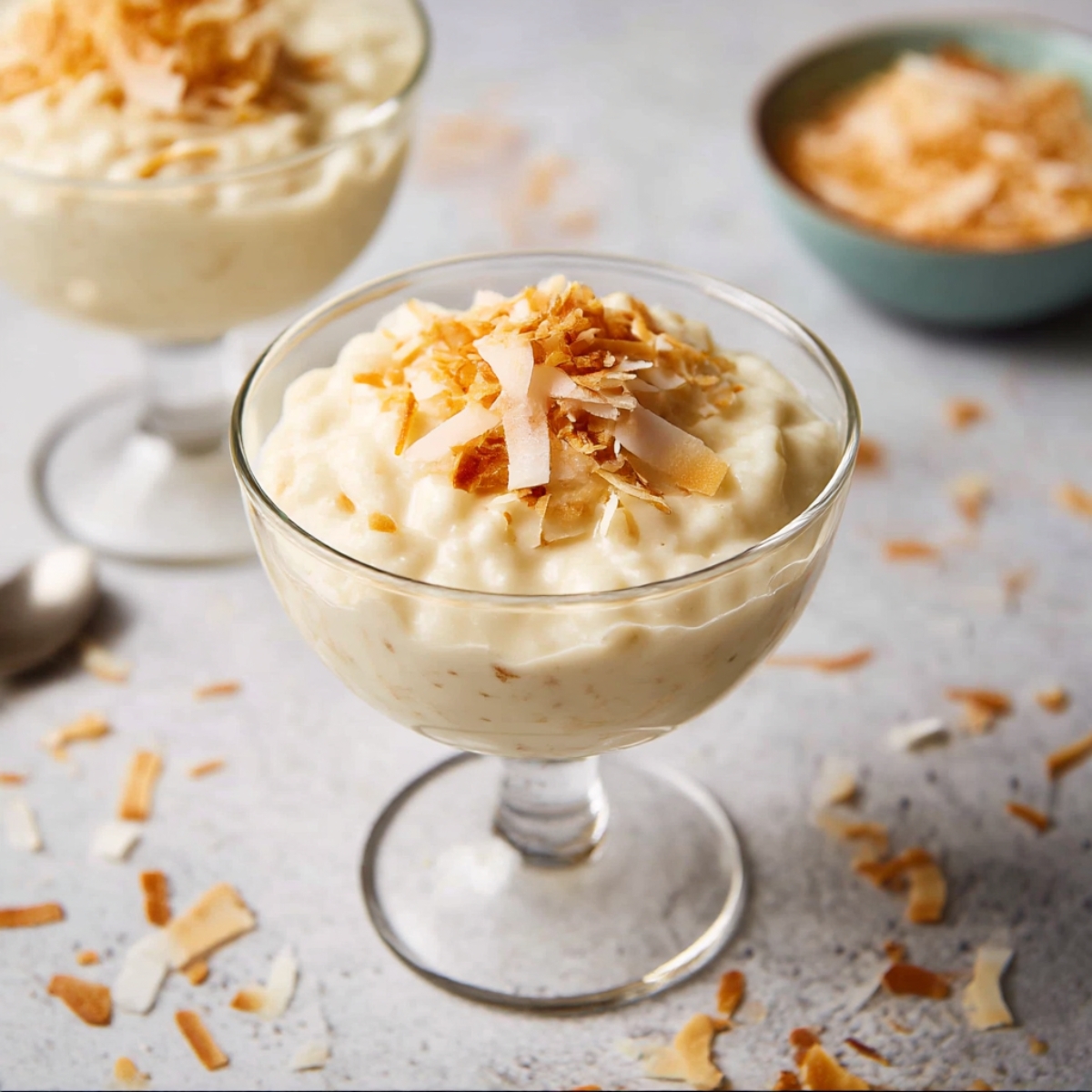 A glass dessert cup filled with creamy coconut rice pudding, topped with toasted coconut flakes, on a light surface with scattered coconut around.