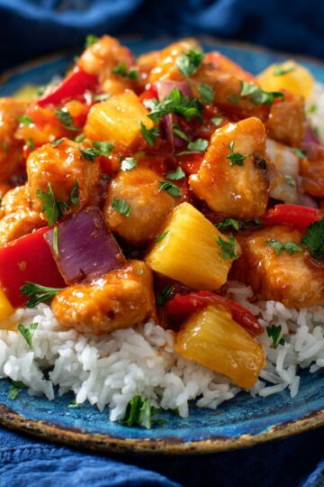 A vibrant plate of Hawaiian chicken served over white rice, featuring tender chicken chunks, pineapple pieces, red bell peppers, and red onion, garnished with fresh parsley and coated in a sweet and tangy sauce.