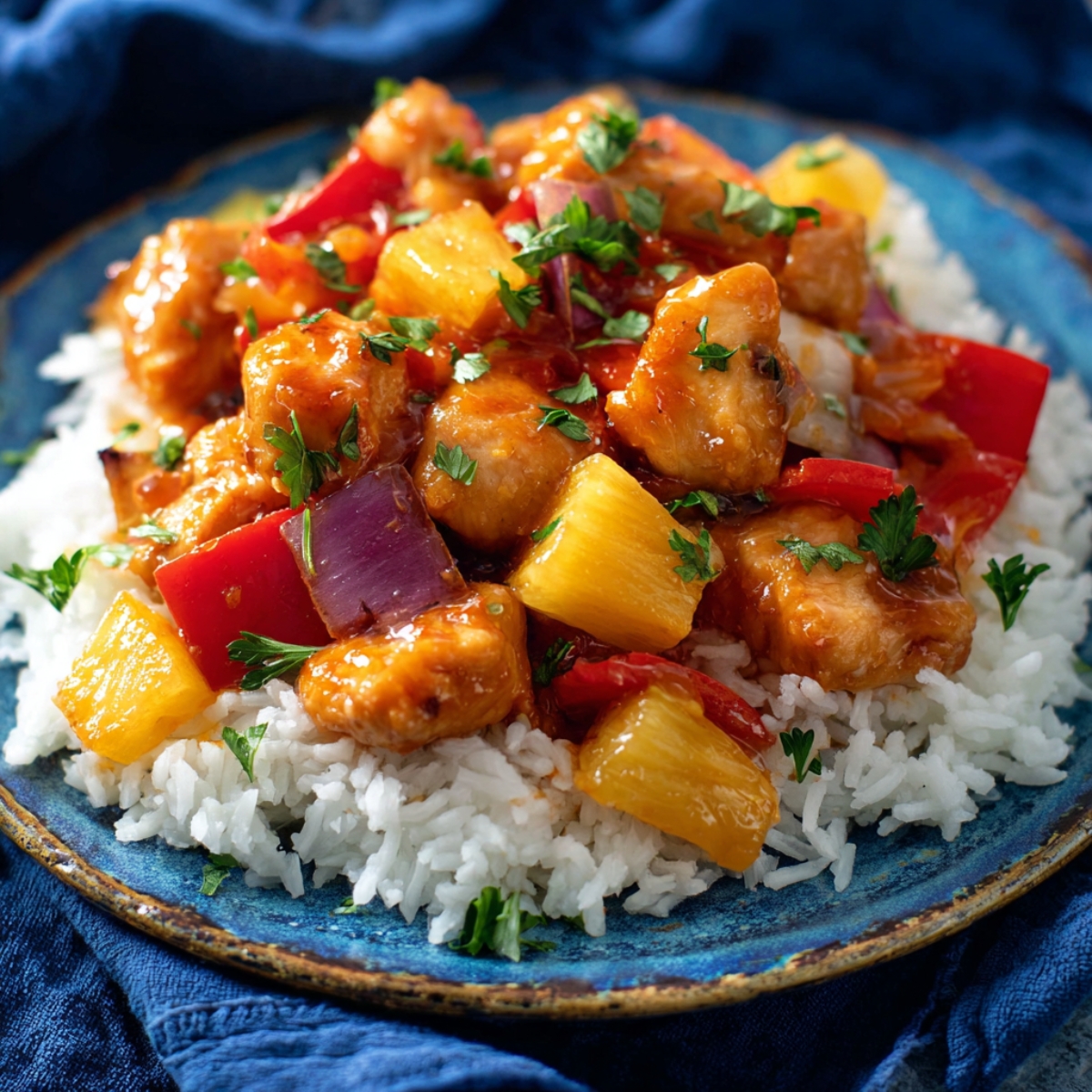 A vibrant plate of Hawaiian chicken served over white rice, featuring tender chicken chunks, pineapple pieces, red bell peppers, and red onion, garnished with fresh parsley and coated in a sweet and tangy sauce.