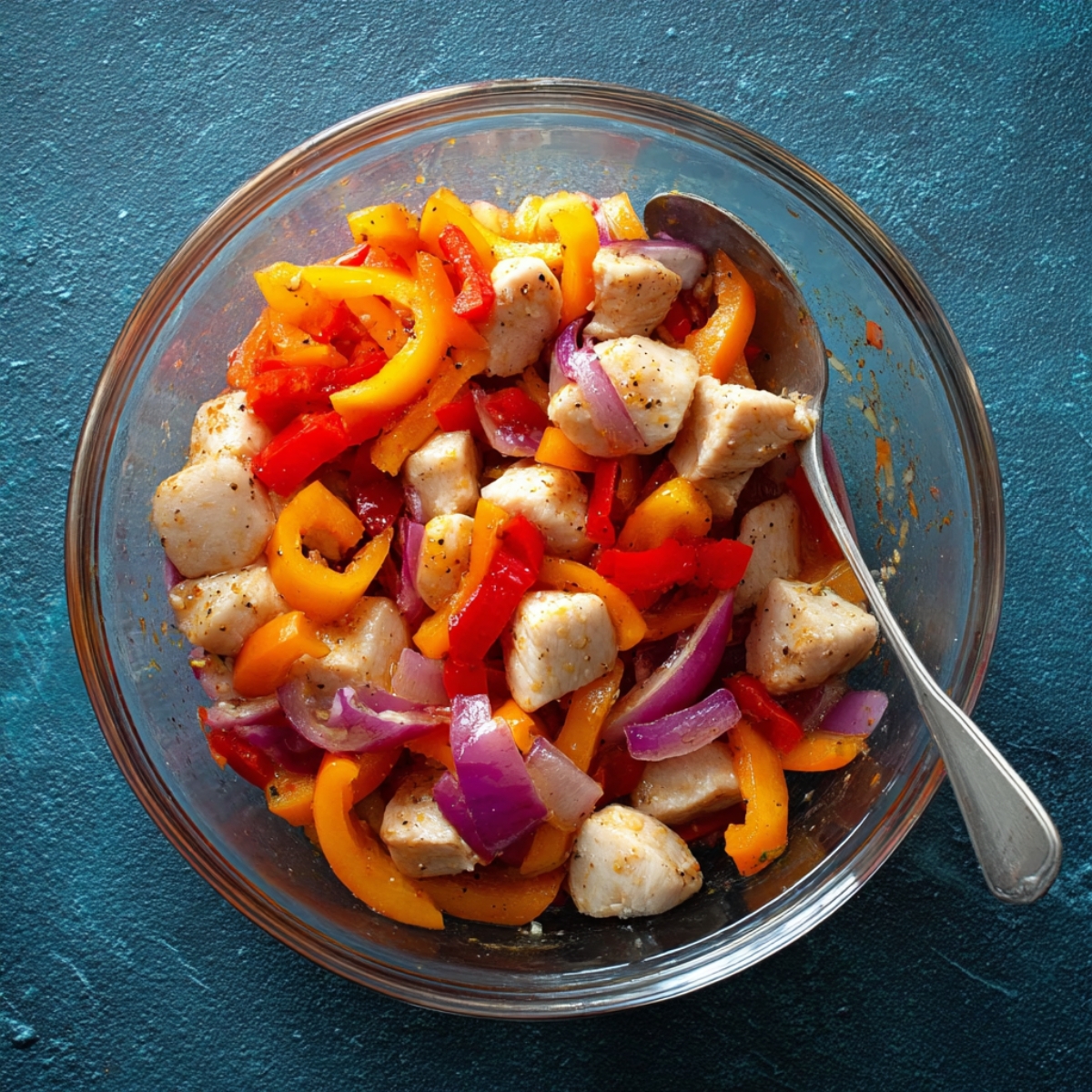 A glass bowl filled with Hawaiian chicken stir-fry, featuring tender chicken cubes, red and yellow bell peppers, red onion, and pineapple pieces, seasoned with black pepper and tossed in a sweet tangy sauce.