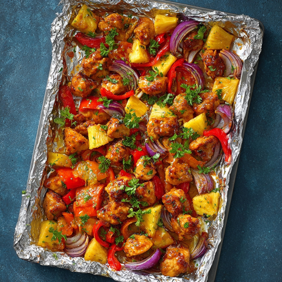A foil-lined baking tray filled with baked Hawaiian chicken, featuring golden-browned chicken pieces, pineapple chunks, red and yellow bell peppers, and red onion, garnished with fresh parsley and coated in a sweet and tangy glaze.