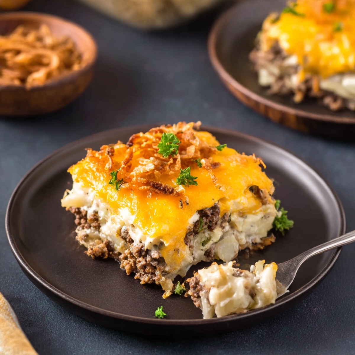 Hobo casserole with ground beef, creamy potatoes, and melted cheddar cheese on a plate