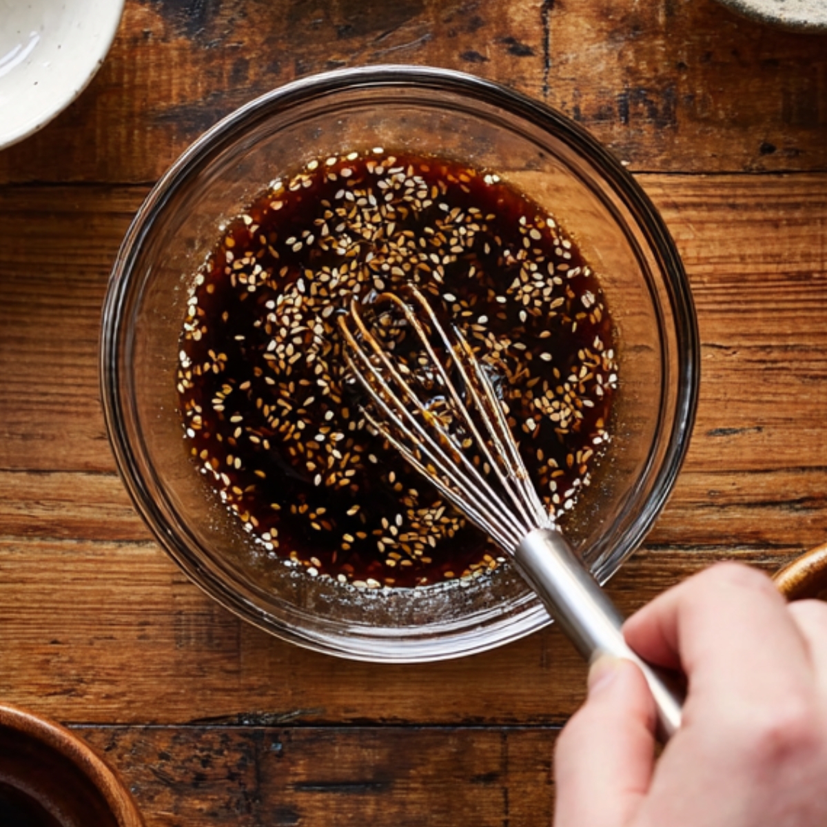 Hand whisking a glossy honey-soy sauce in a clear glass bowl, sprinkled with sesame seeds, ready to coat cod fillets, on a rustic wooden surface.