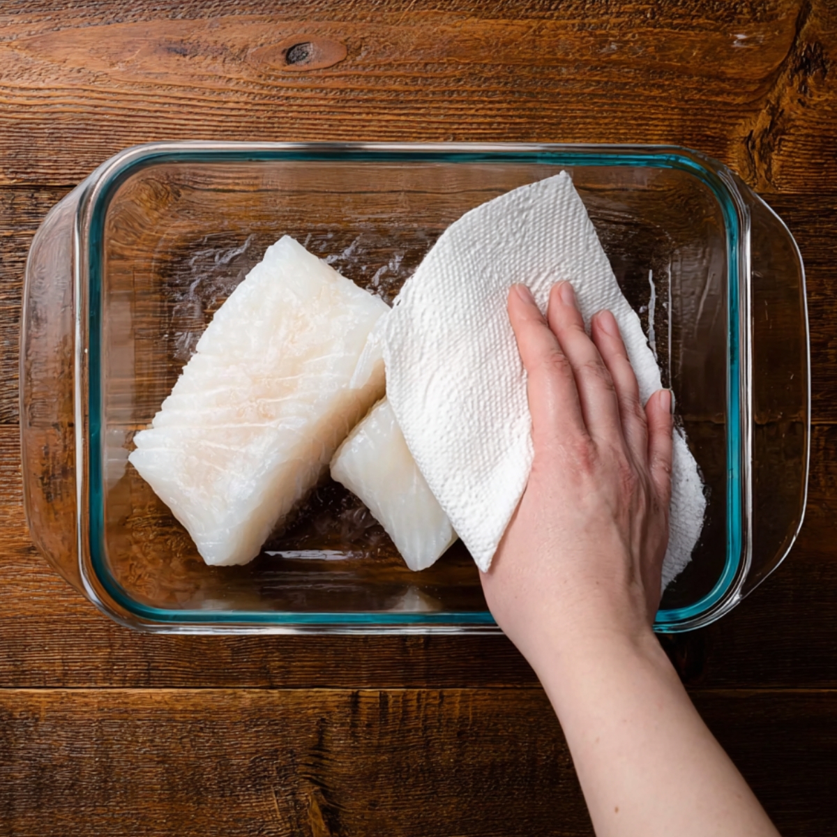Hand patting raw cod fillets dry with a paper towel in a glass dish on a wooden surface, preparing the fish for honey-soy glaze.