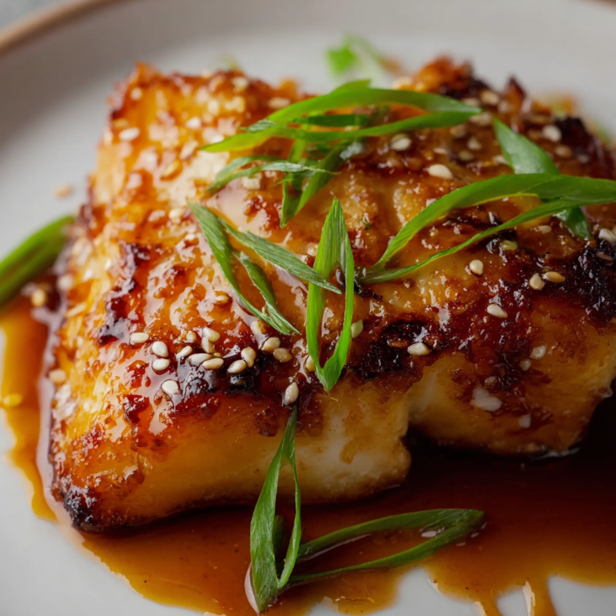 Close-up of a golden-brown honey-soy glazed cod fillet, garnished with sesame seeds and fresh green onions, served on a white plate with rich savory glaze.