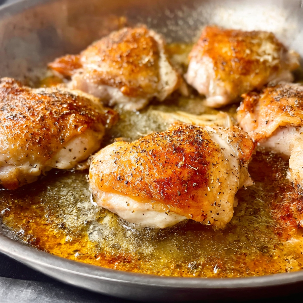 Golden-brown crispy chicken thighs sizzling in a skillet with seasoned oil, showing a perfectly seared, juicy texture and crispy skin.