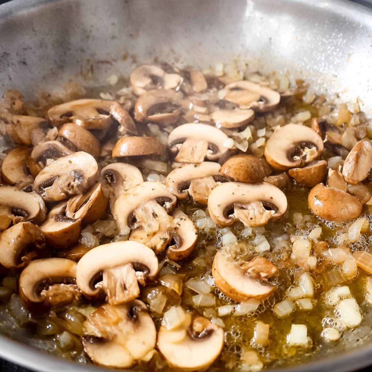 Sliced mushrooms and diced onions sizzling in a skillet with butter and oil, forming the flavorful base for a creamy chicken sauce.