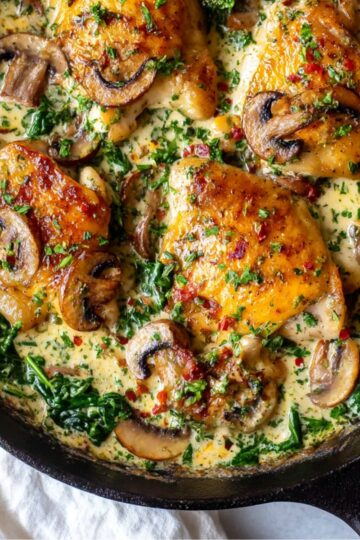 Golden-brown creamy chicken thighs cooked in a rich garlic cream sauce with fresh spinach and sautéed mushrooms, garnished with parsley and red pepper flakes, served in a cast-iron skillet.