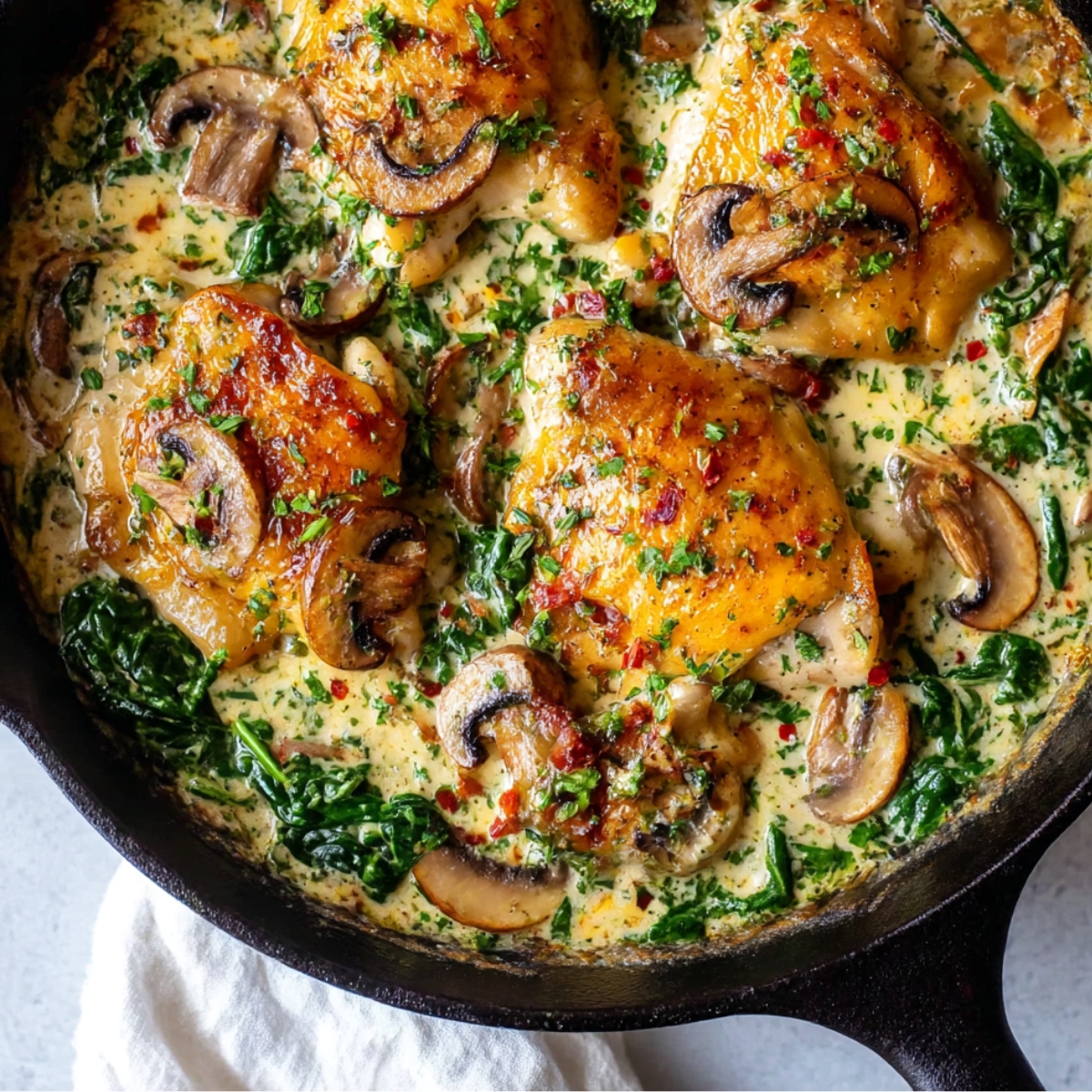 Golden-brown creamy chicken thighs cooked in a rich garlic cream sauce with fresh spinach and sautéed mushrooms, garnished with parsley and red pepper flakes, served in a cast-iron skillet.