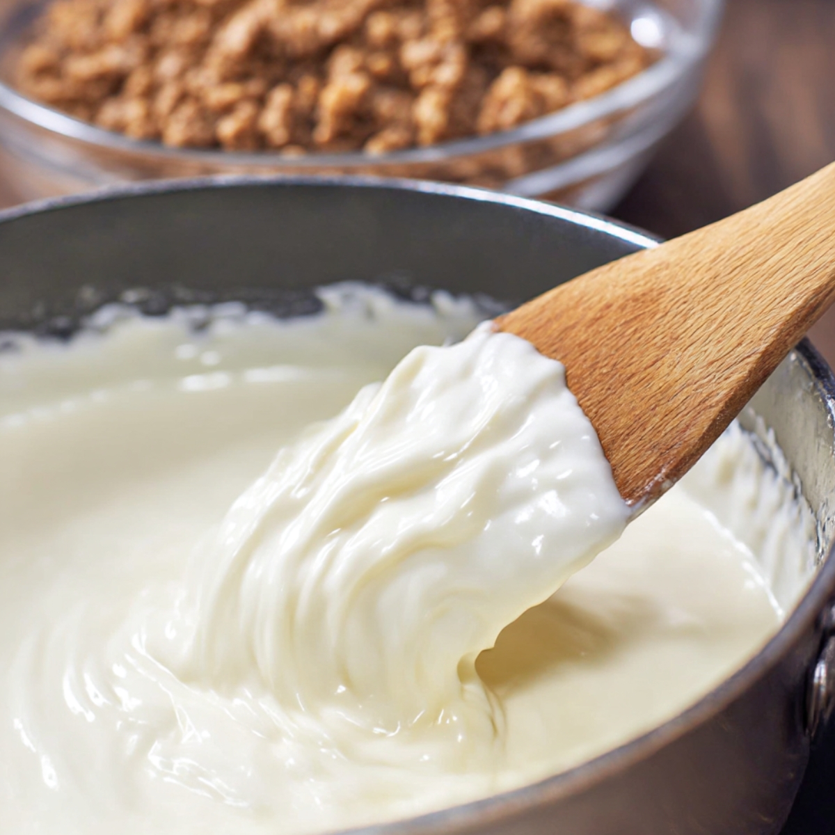 Creamy keto cheese sauce being stirred in a saucepan, perfect for keto crunchwraps filling