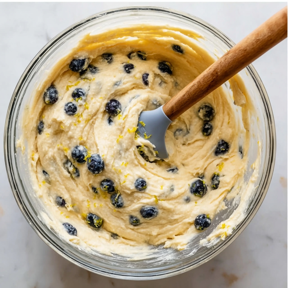A glass mixing bowl filled with creamy lemon cake batter studded with fresh blueberries and lemon zest, with a silicone spatula resting in the mixture.