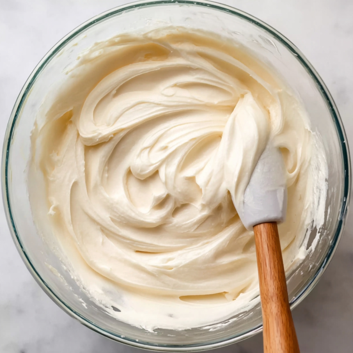 A glass mixing bowl filled with smooth, creamy cream cheese frosting, with a silicone spatula resting inside, ready to frost a lemon blueberry cake.