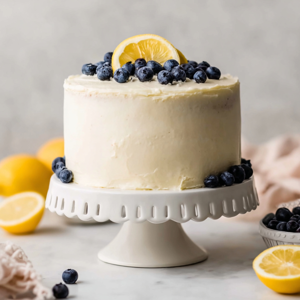 A tall lemon blueberry layer cake frosted with creamy cream cheese frosting, topped with fresh blueberries and lemon slices, displayed on a white cake stand.