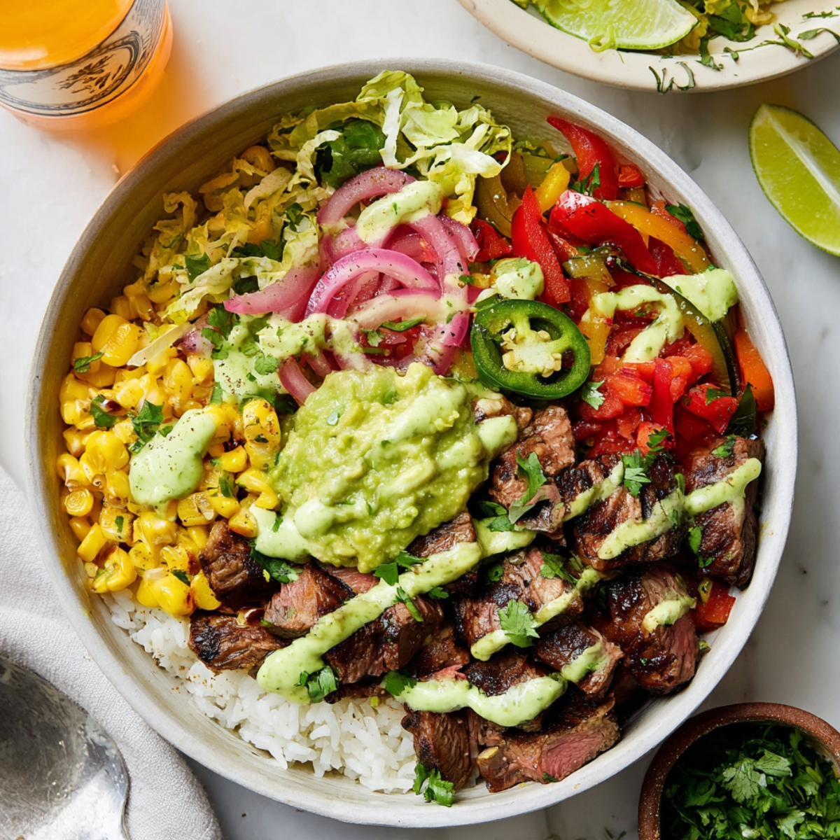 Overhead view of a vibrant Mexicali Steak Burrito Bowl with tender grilled steak slices, white rice, charred corn, colorful bell peppers, pickled red onions, fresh shredded lettuce, jalapeño slices, creamy guacamole, and drizzled cilantro lime dressing in a bowl, perfect for a quick Mexican-inspired meal.