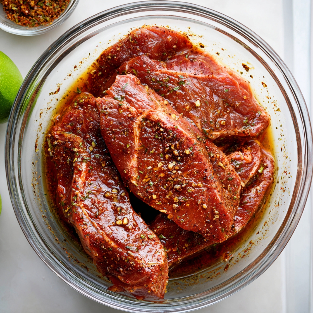 Glass bowl with raw steak marinating in a spicy Mexicali-style sauce, sprinkled with chili flakes, herbs, and seasonings, next to a fresh lime, ready to be grilled for a flavorful burrito bowl.