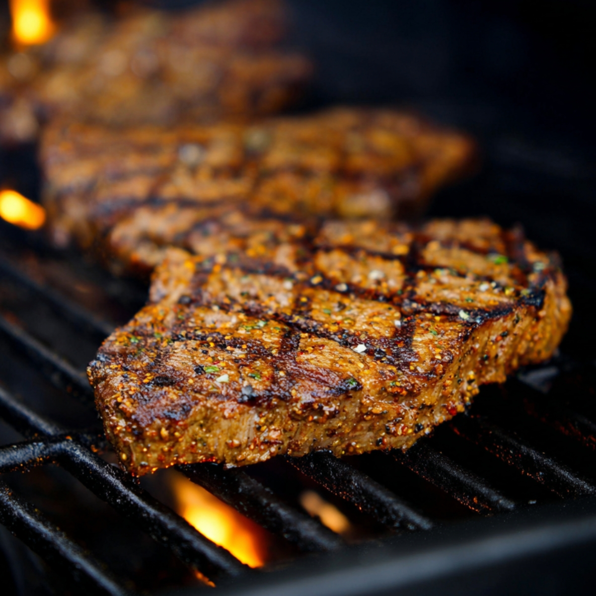 Juicy Mexicali-style steak sizzling on a hot grill with perfectly seared crosshatch marks, coated in a flavorful spice rub, ready to be sliced for a burrito bowl.