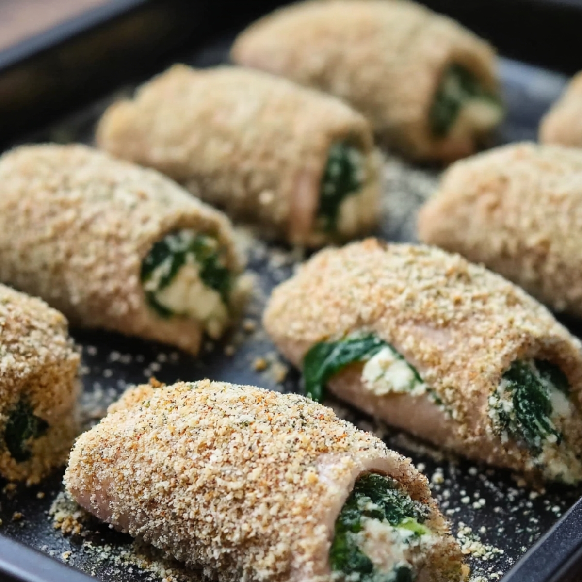 Breaded stuffed chicken breasts filled with creamy spinach and cheese arranged on a baking sheet, ready to go into the oven.