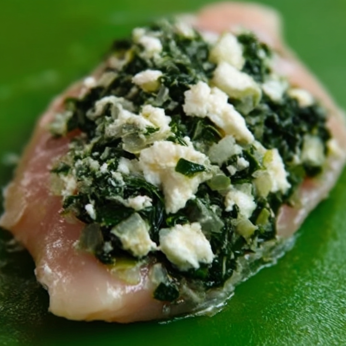 Raw chicken breast topped with a mixture of fresh spinach, onions, and creamy cheese on a green cutting board, ready to be rolled and baked.