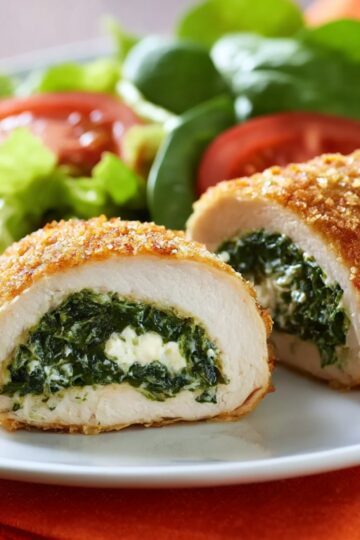 Golden-brown stuffed chicken breasts sliced open to reveal creamy spinach and cheese filling, served with fresh lettuce and tomato salad on a white plate.