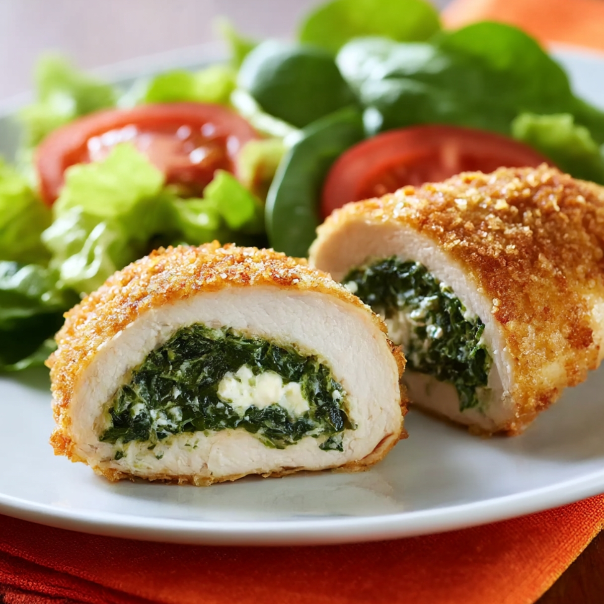 Golden-brown stuffed chicken breasts sliced open to reveal creamy spinach and cheese filling, served with fresh lettuce and tomato salad on a white plate.