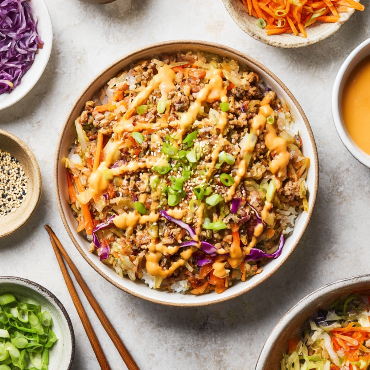 A bowl of homemade Egg Roll in a Bowl with ground beef, shredded cabbage, carrots, and green onions, drizzled with a creamy sesame sauce, served with chopsticks on the side.
