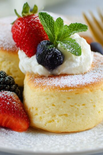 Two airy, golden Fluffy Japanese Soufflé pancakes topped with whipped cream, fresh strawberries, blueberries, blackberries, and a sprig of mint, dusted with powdered sugar on a white plate.