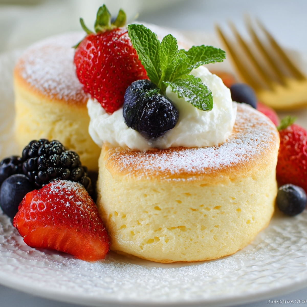 Two airy, golden Fluffy Japanese Soufflé pancakes topped with whipped cream, fresh strawberries, blueberries, blackberries, and a sprig of mint, dusted with powdered sugar on a white plate.