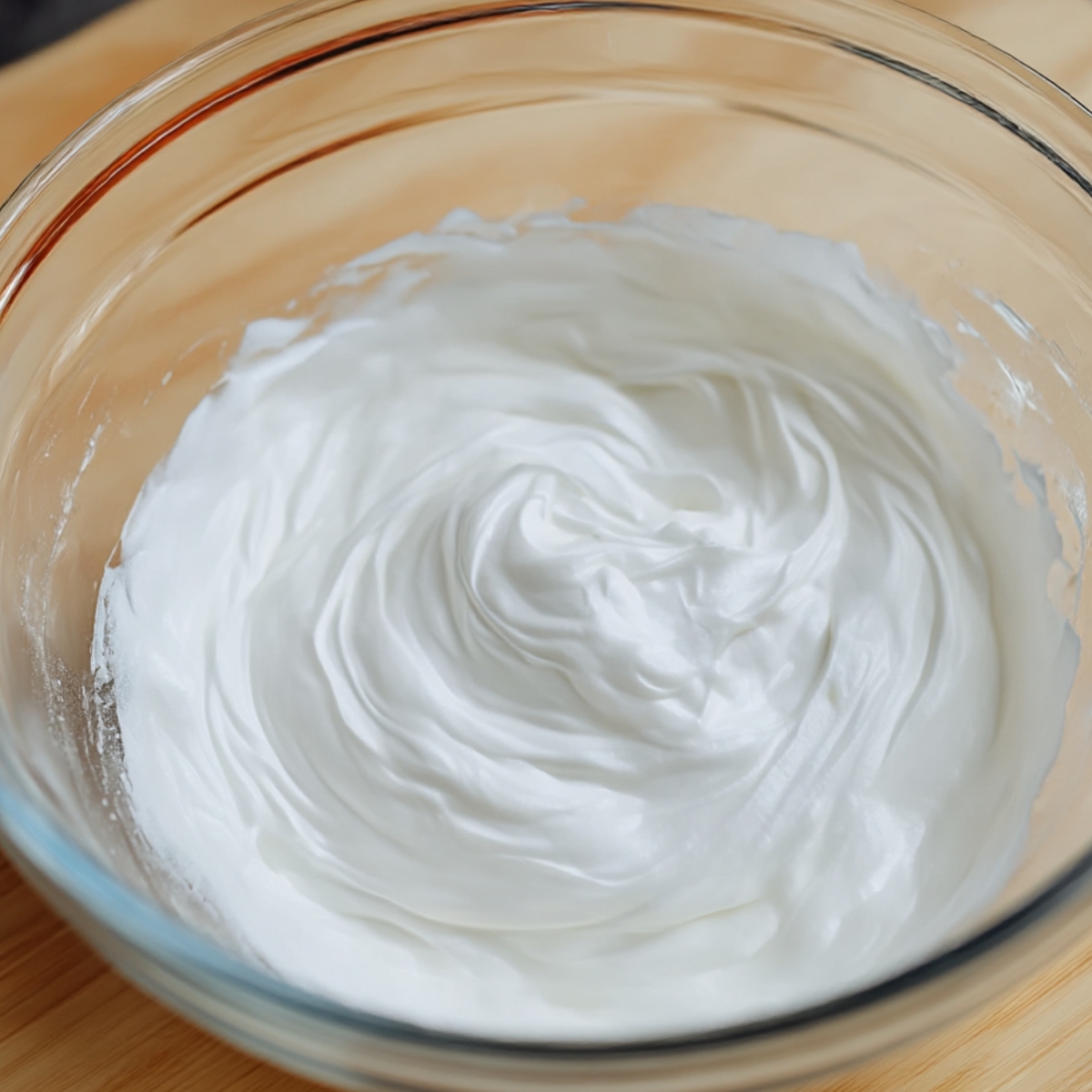 A glass bowl filled with smooth, glossy whipped egg whites, ready for making light and airy Fluffy Japanese Soufflé pancakes, placed on a wooden surface.
