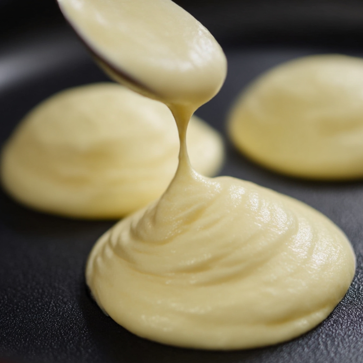 Thick, airy batter being spooned onto a hot griddle to make Fluffy Japanese Soufflé pancakes, showcasing the smooth texture and light consistency before cooking.