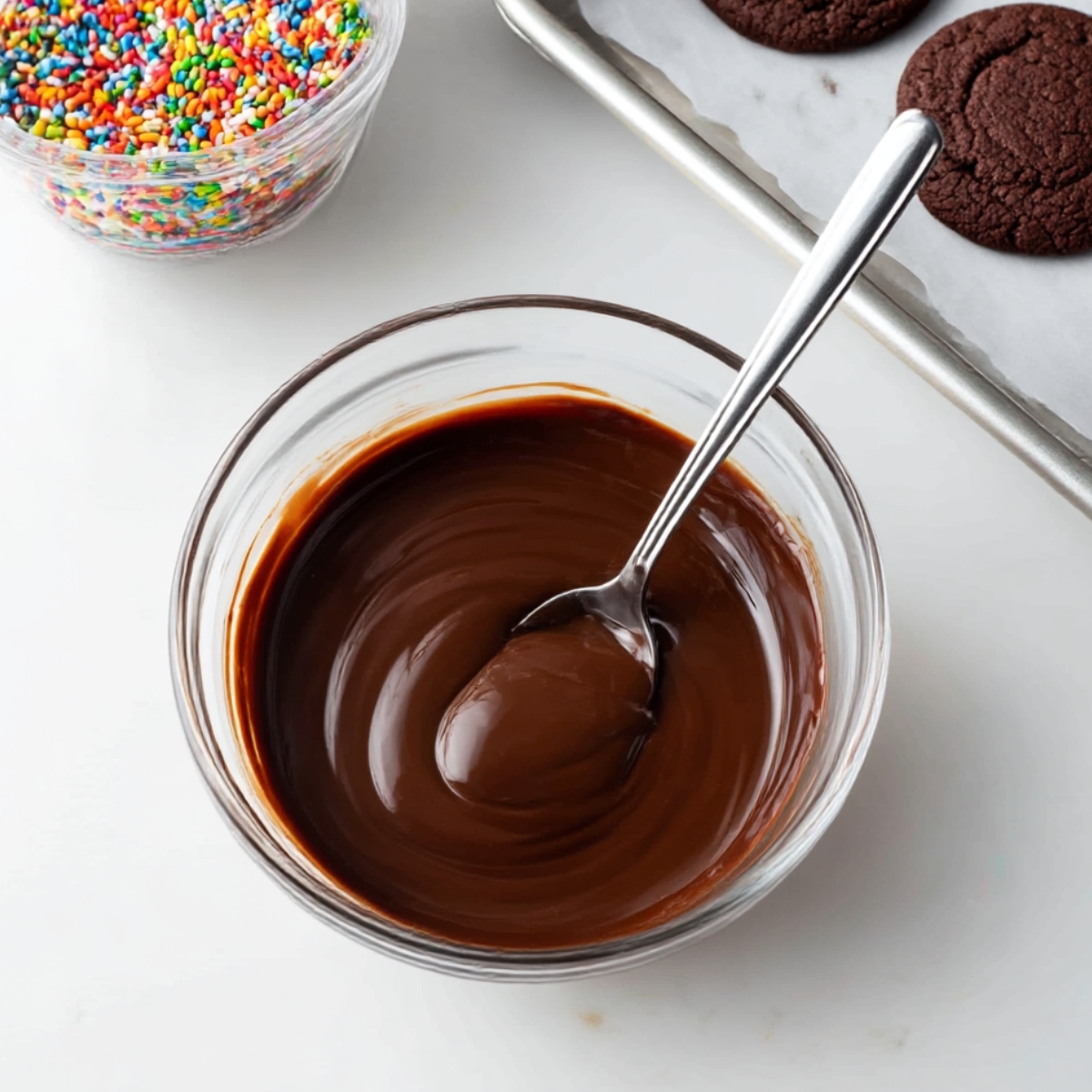 Glass bowl filled with smooth, glossy chocolate frosting with a spoon, ready to top fudgy cosmic brownie cookies, with a tray of baked cookies and a bowl of colorful sprinkles in the background.