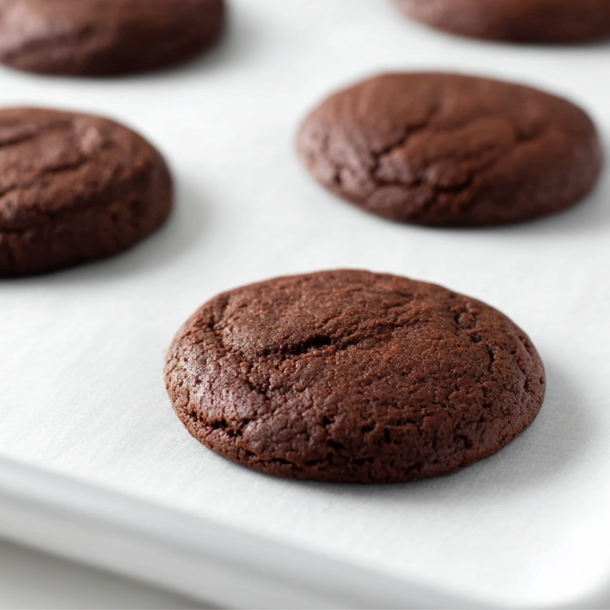 Close-up of soft, fudgy chocolate brownie cookies cooling on a baking sheet lined with parchment paper, perfect for frosting and sprinkles – fudgy cosmic brownie recipe.