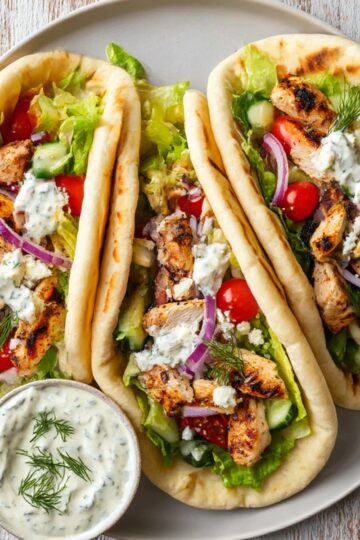 Three Greek chicken gyros on soft pita bread with grilled chicken, fresh lettuce, cherry tomatoes, cucumber, red onion, feta cheese, and creamy homemade tzatziki sauce, served with a side of extra tzatziki.