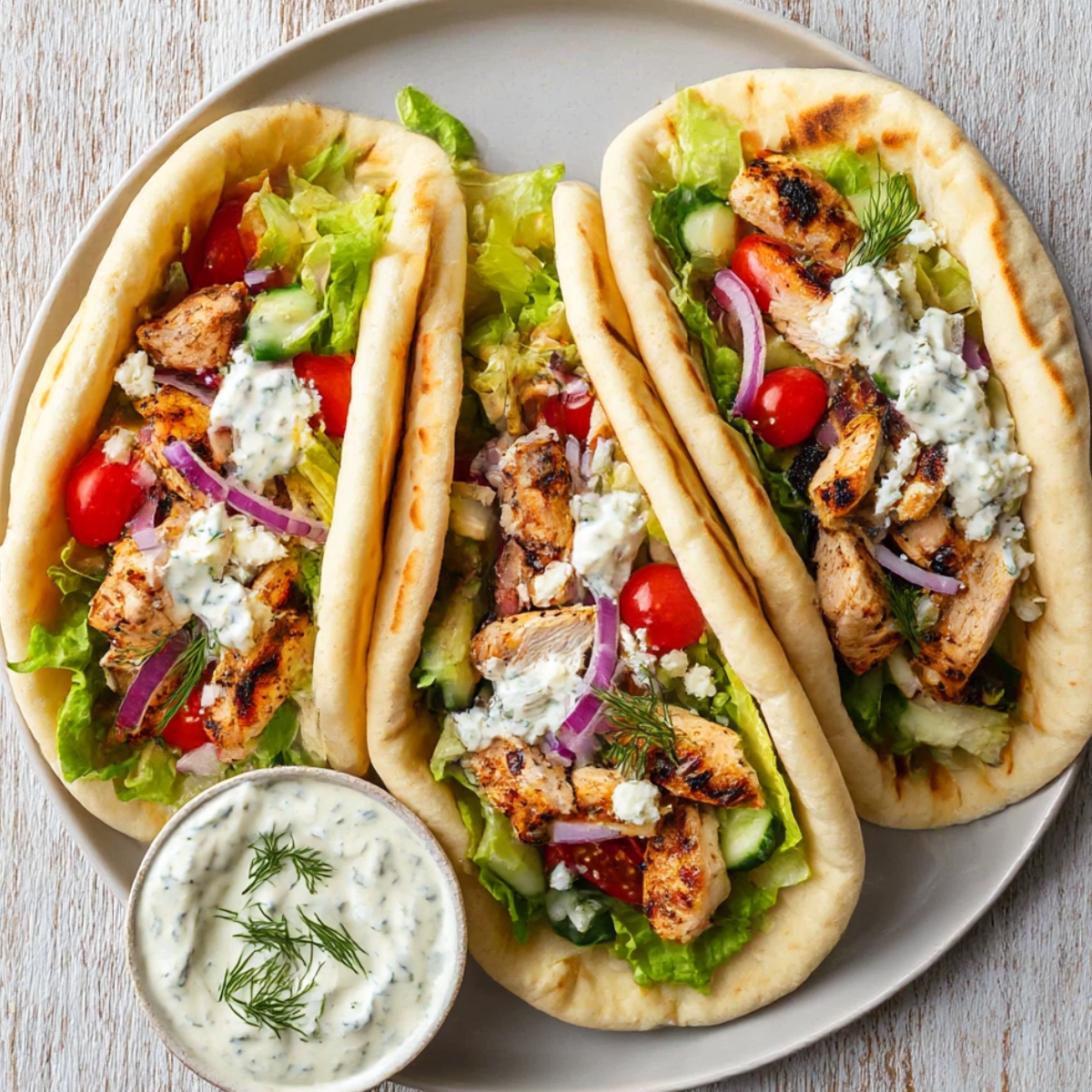 Three Greek chicken gyros on soft pita bread with grilled chicken, fresh lettuce, cherry tomatoes, cucumber, red onion, feta cheese, and creamy homemade tzatziki sauce, served with a side of extra tzatziki.