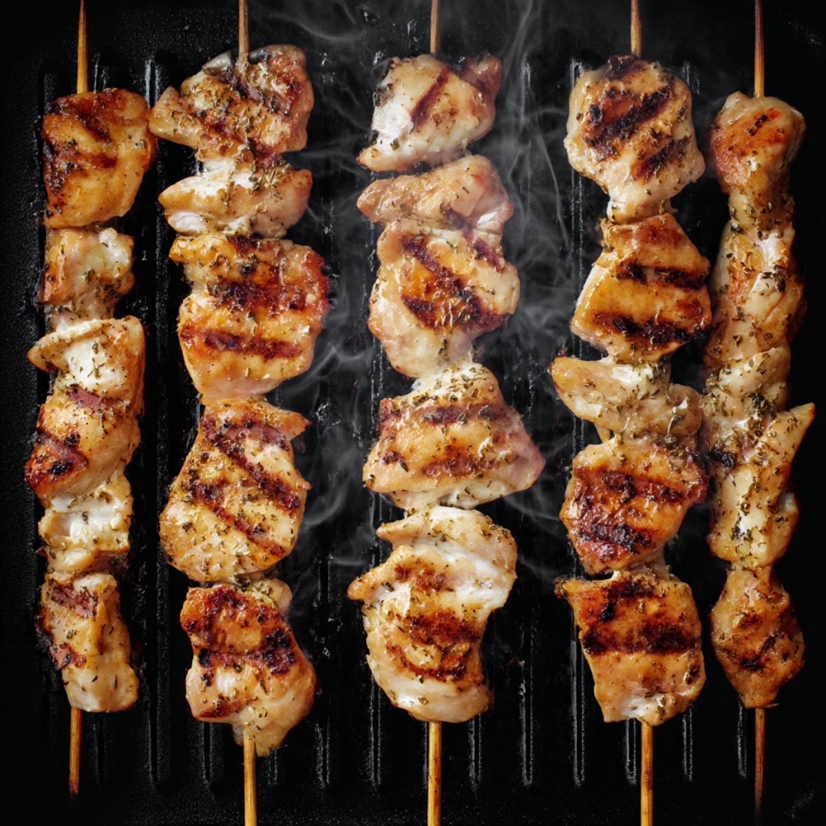 Juicy grilled chicken pieces on wooden skewers with golden char marks, seasoned with herbs, cooking on a grill pan for authentic Greek chicken gyros.
