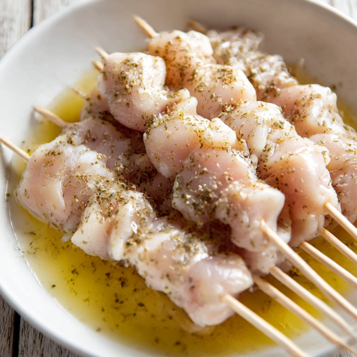 Raw chicken pieces threaded onto wooden skewers, marinated in olive oil and Greek herbs, ready to be grilled for flavorful Greek chicken gyros.