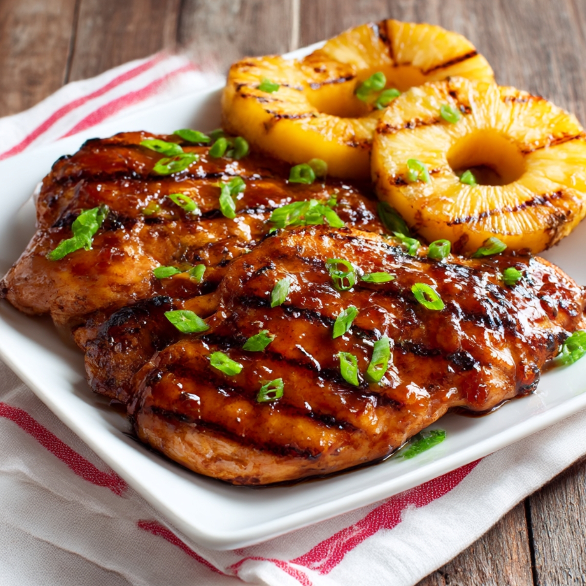 Juicy grilled Huli Huli chicken glazed with a sweet and savory Hawaiian BBQ sauce, served with char-grilled pineapple rings and garnished with fresh green onions.