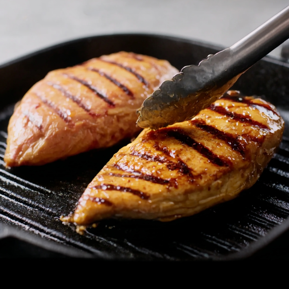 Close-up of Huli Huli chicken breasts on a hot grill, with golden-brown caramelized glaze and char marks, ready to serve Hawaiian-style.