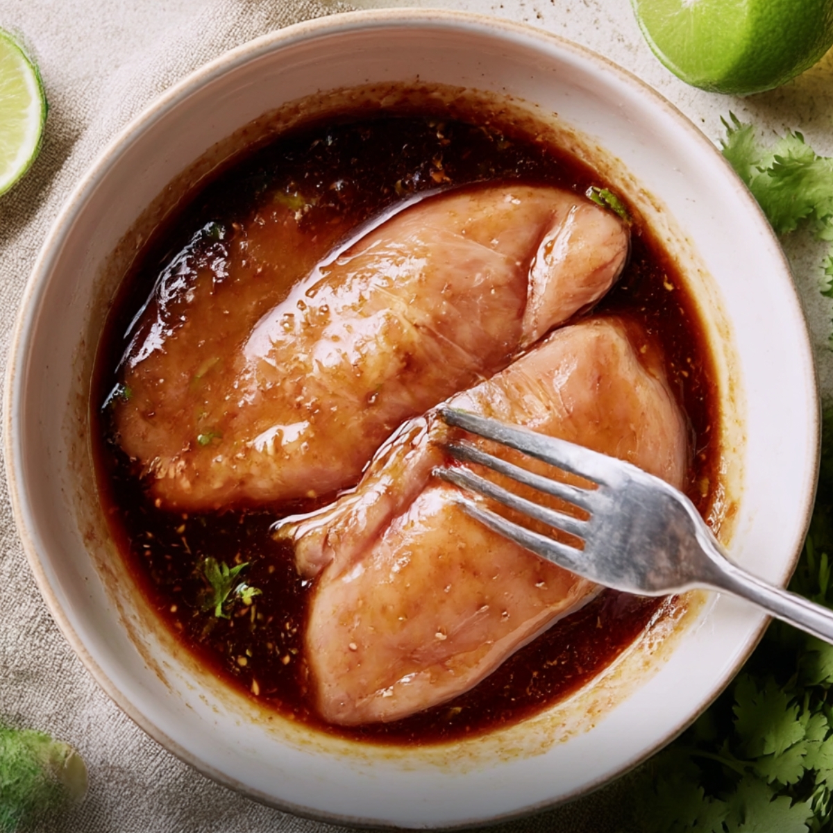Raw chicken breasts soaking in a rich, sweet and savory Huli Huli marinade in a bowl, with fresh lime wedges and cilantro nearby.
