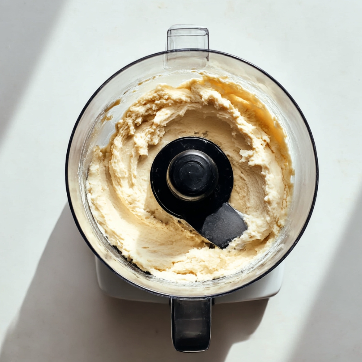 Top-down view of a food processor filled with smooth, creamy custard for Napoleon Cake, ready to be layered between puff pastry sheets for a classic dessert.