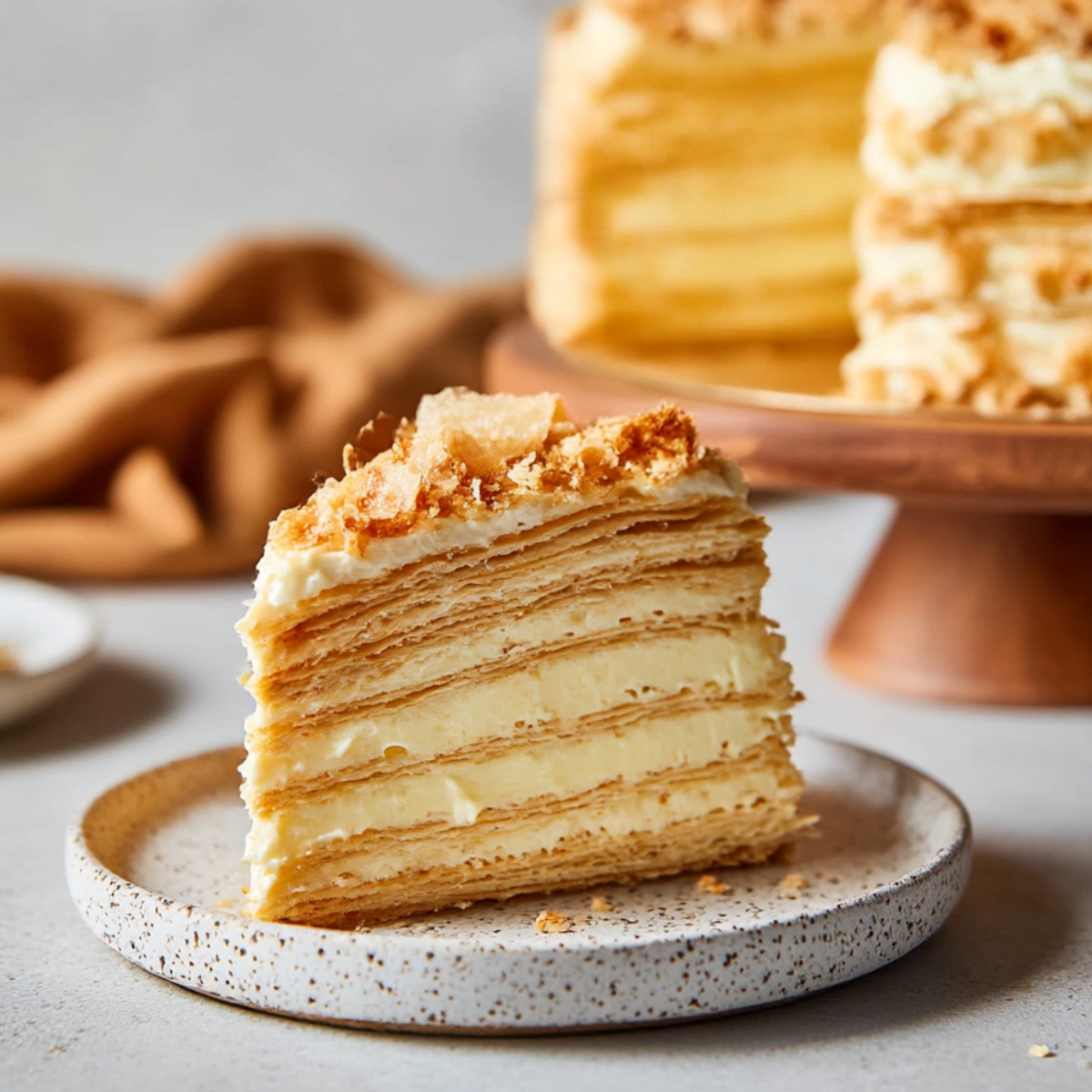A slice of classic Napoleon Cake showing multiple flaky puff pastry layers filled with creamy custard, served on a speckled ceramic plate with crumbs on top, perfect for a homemade dessert.