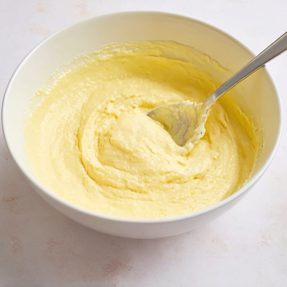 A creamy no-bake banana cheesecake in a white bowl with a spoon, smooth and ready to serve, perfect for an easy dessert.