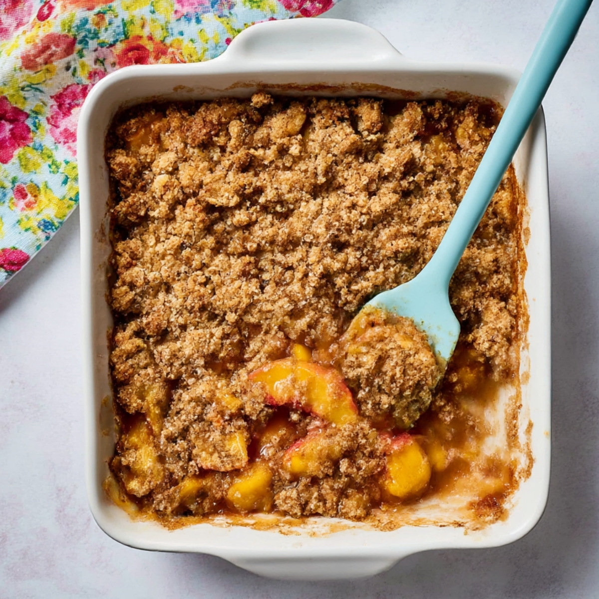 Baked peach cobbler cheesecake in a square dish with golden crumb topping and juicy peach slices, a blue spatula scooping a portion, sitting on a white surface next to a colorful floral cloth.