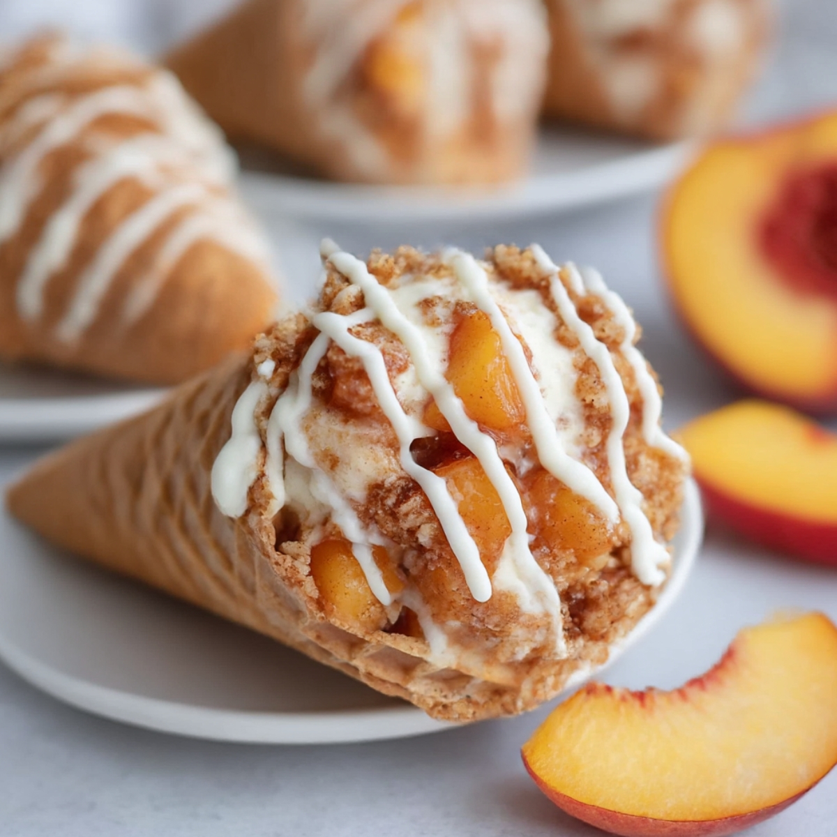 Close-up of a peach cobbler cheesecake cone with chunks of fresh peaches, creamy cheesecake filling, cinnamon crumble, and a drizzle of white icing, served on a plate with sliced peaches.
