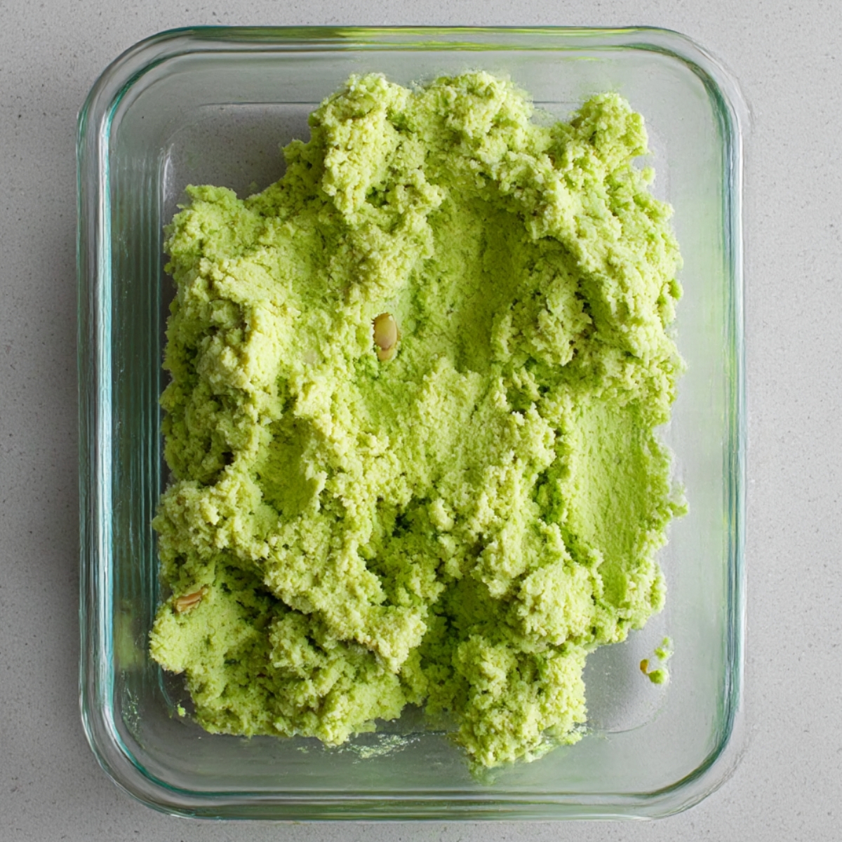 Close-up of vibrant green pistachio cookie dough in a rectangular glass dish, showing a creamy texture with chopped pistachios, ready for baking into delicious pistachio cookies or bars.