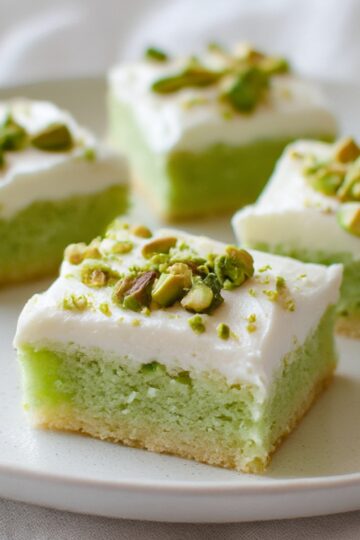 Delicious green pistachio cookie bars topped with creamy white frosting and crushed pistachios, cut into squares on a white plate – perfect for holiday desserts or snack recipes.