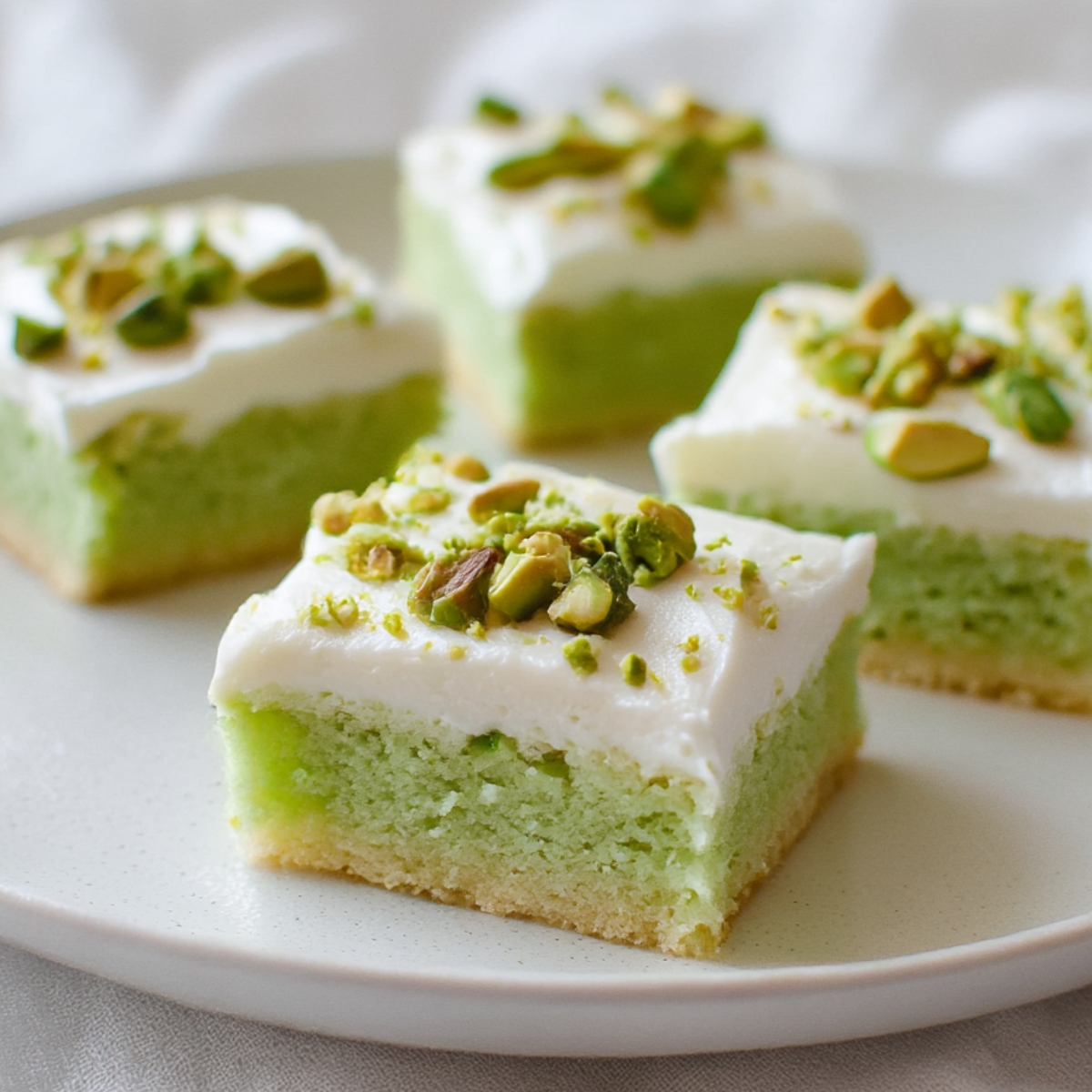 Delicious green pistachio cookie bars topped with creamy white frosting and crushed pistachios, cut into squares on a white plate – perfect for holiday desserts or snack recipes.