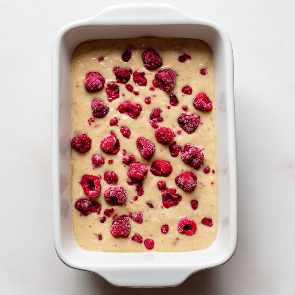 Unbaked protein pancake bowl in a white rectangular baking dish, topped with fresh raspberries, ready for the oven, ideal for a nutritious high-protein breakfast.