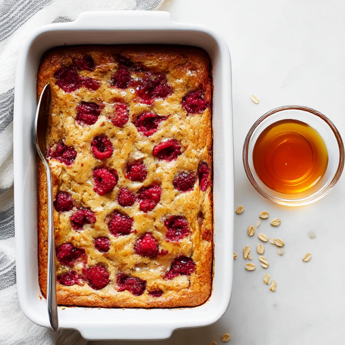 Baked protein pancake bowl topped with fresh raspberries, served in a white baking dish with a spoon, next to a small bowl of maple syrup and scattered oats, perfect healthy breakfast or post-workout meal.